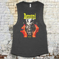 Demoni muscle tank with striking graphic of hands holding a metallic demonic skull and bold yellow text on dark fabric