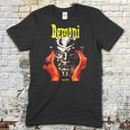 Black t-shirt featuring a graphic of hands holding a demonic silver mask with Demoni text in yellow on front