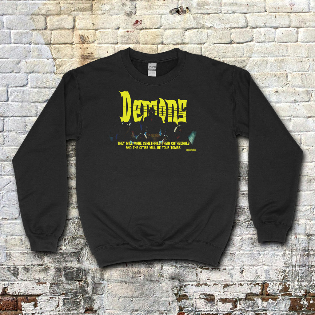 Demons aka Demoni sweatshirt with bright yellow gothic text and dark mysterious silhouette on black fabric
