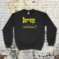 Demons aka Demoni sweatshirt with bright yellow gothic text and dark mysterious silhouette on black fabric