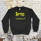 Demons aka Demoni sweatshirt with bright yellow gothic text and dark mysterious silhouette on black fabric