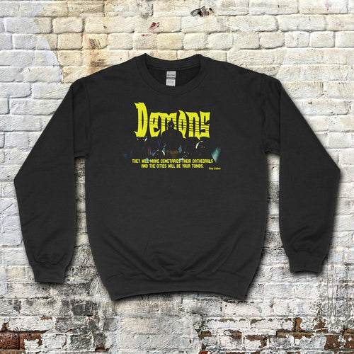 Demons aka Demoni sweatshirt with bright yellow gothic text and dark mysterious silhouette on black fabric