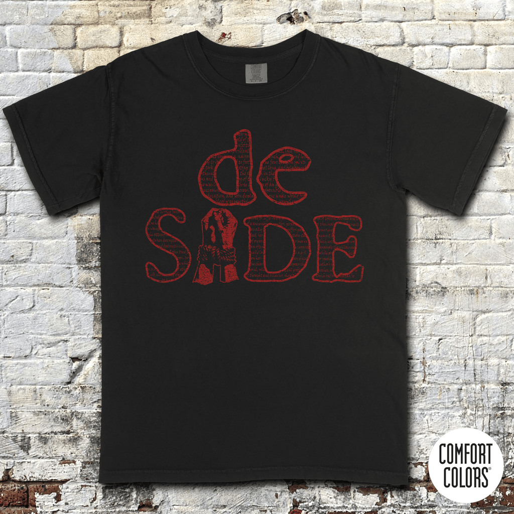Marquis de Sade t-shirt in black with bold red text and vintage grindhouse style on soft cotton fabric