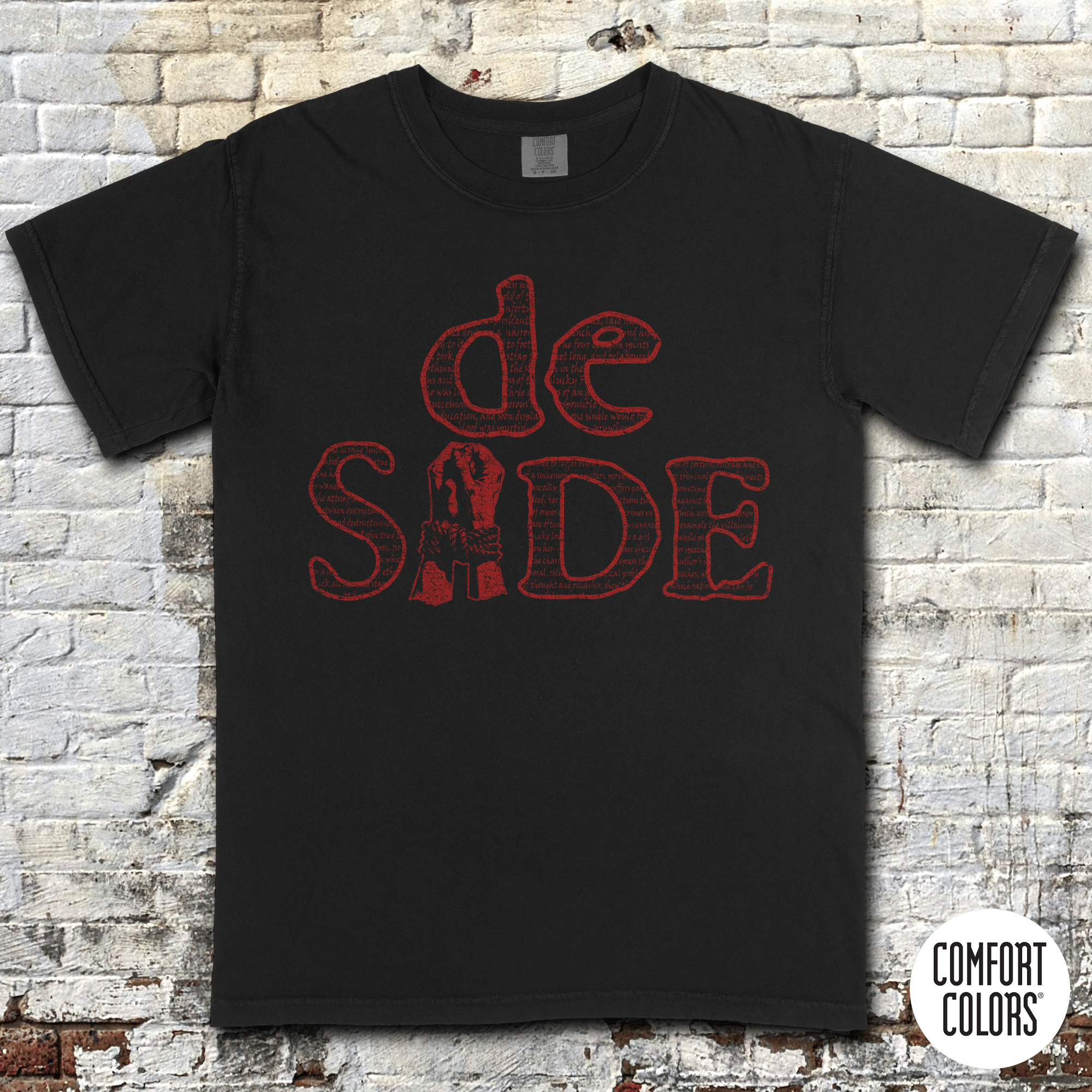 Marquis de Sade t-shirt in black with bold red text and vintage grindhouse style on soft cotton fabric