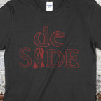Marquis de Sade t-shirt in dark charcoal with distressed red text design inspired by classic literary style