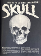 Skull makeup tutorial with text on a dark background