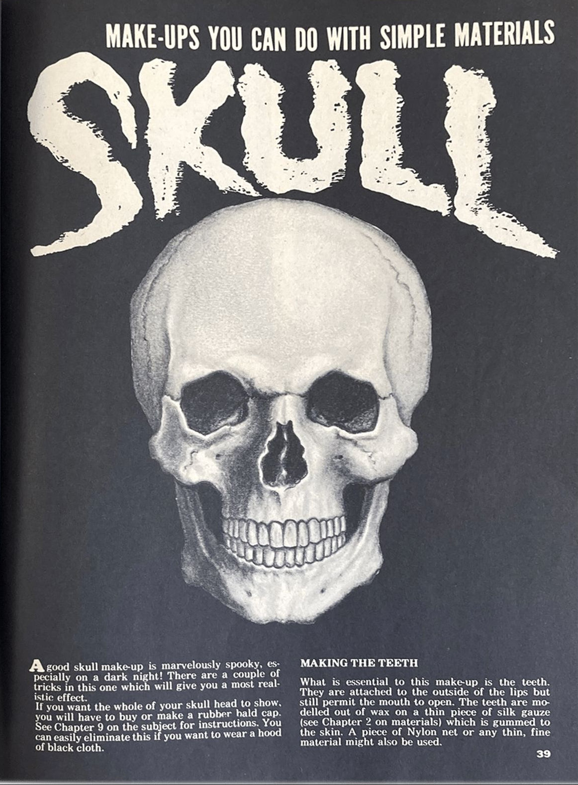 Skull makeup tutorial with text on a dark background