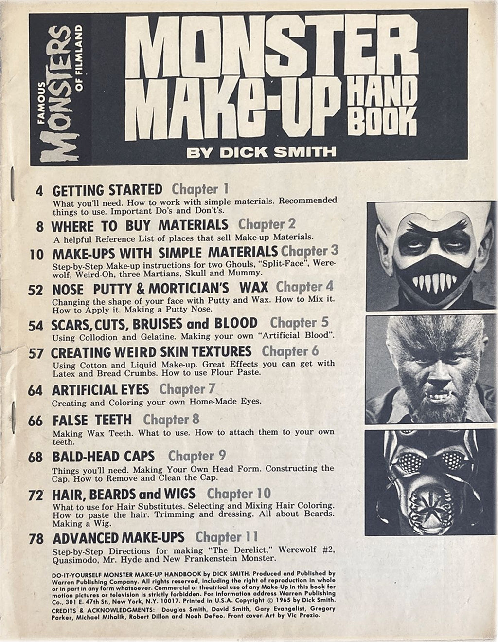 Monster Make-Up Hand Book by Dick Smith with text and images of monster faces on a white background.