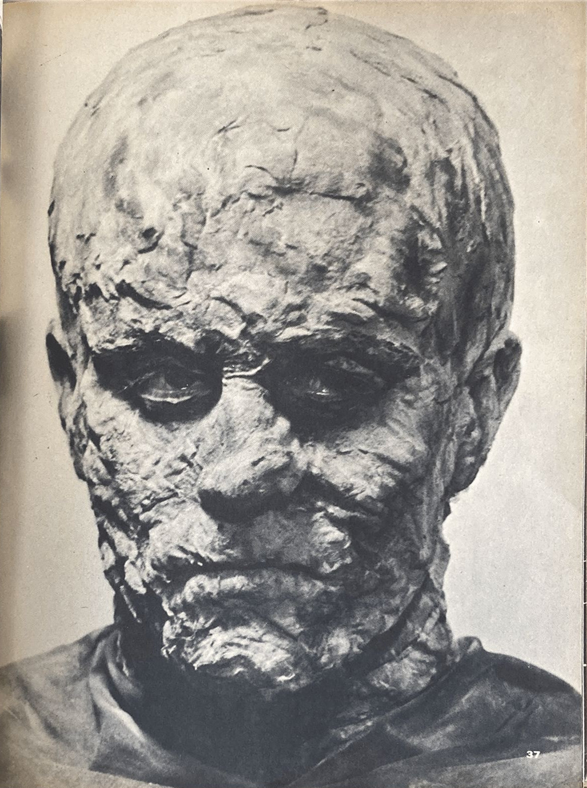 Black and white photograph of a mummified head with detailed texture.