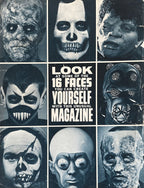 Magazine cover with 16 face masks and text 'Look at some of the 16 faces you can create yourself with this unusual magazine'.