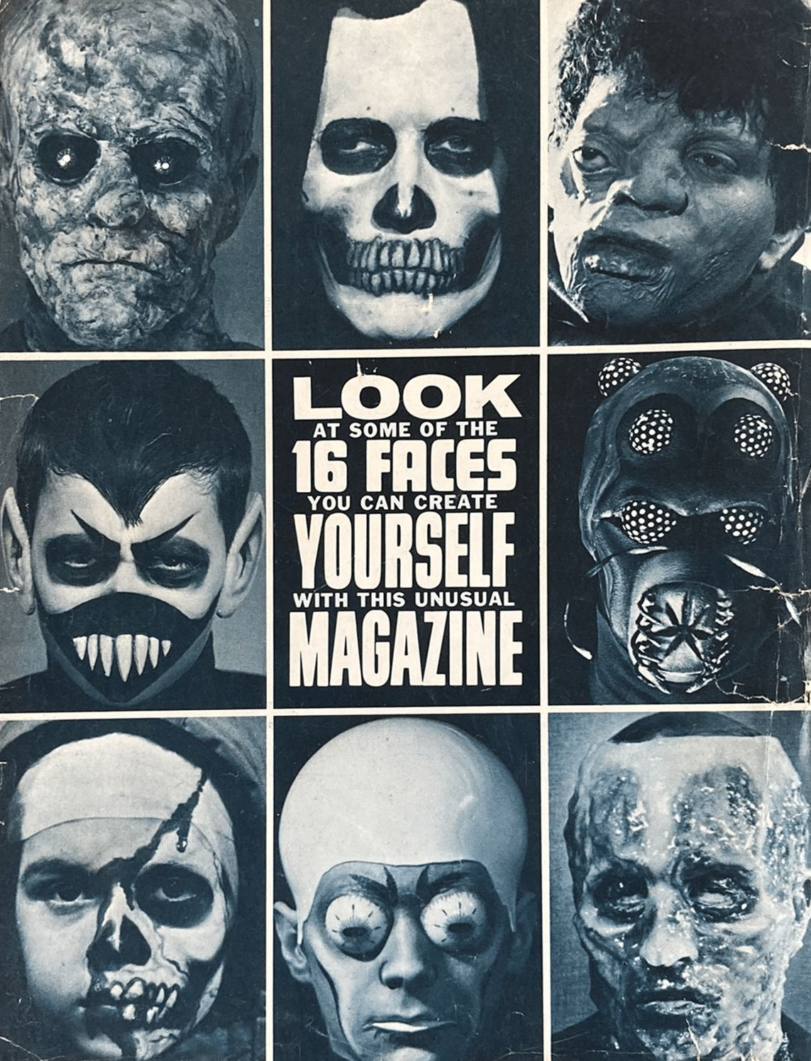 Magazine cover with 16 face masks and text 'Look at some of the 16 faces you can create yourself with this unusual magazine'.