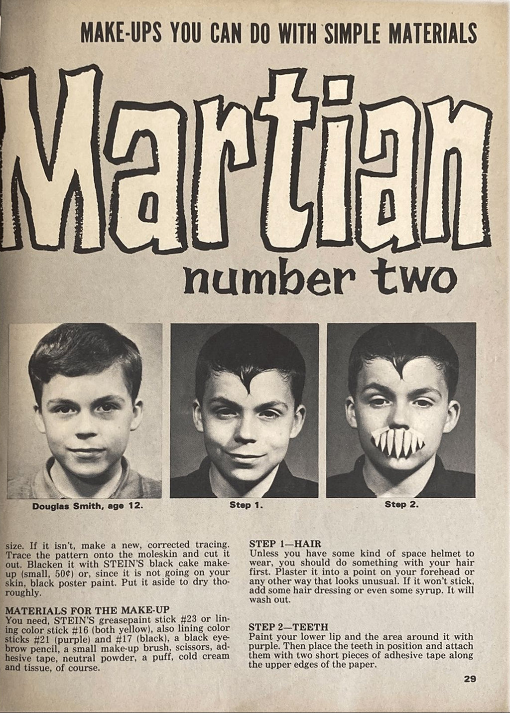Vintage advertisement for making-up as a Martian with simple materials, featuring three steps.