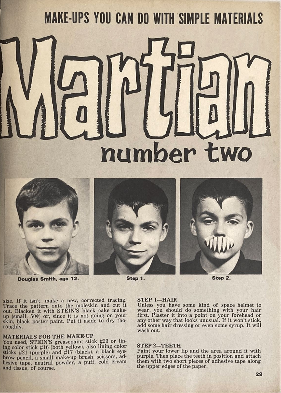 Vintage advertisement for making-up as a Martian with simple materials, featuring three steps.