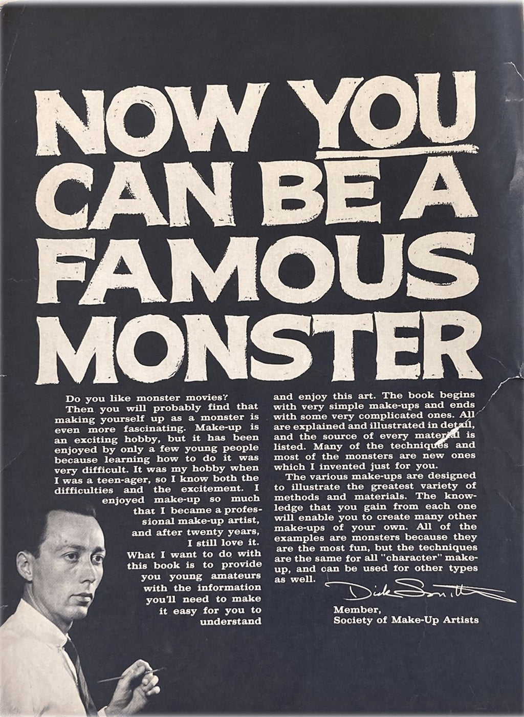 Book cover with text 'Now You Can Be a Famous Monster' and a portrait of a man on a black background.