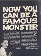 Book cover with text 'Now You Can Be a Famous Monster' and a portrait of a man on a black background.