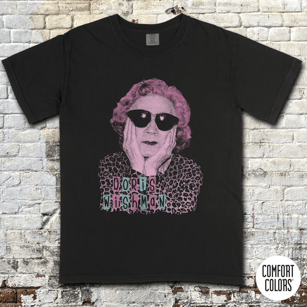 Doris Wishman t-shirt Design 2 featuring stylized portrait with sunglasses and vintage grindhouse lettering on black shirt