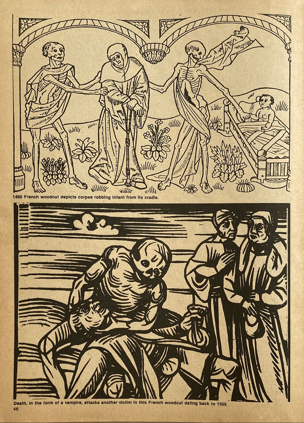 Woodcut print depicting skeletons as death figures interacting with people, with a focus on a vampire-like skeleton attacking a victim.