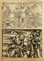 Woodcut print depicting skeletons as death figures interacting with people, with a focus on a vampire-like skeleton attacking a victim.