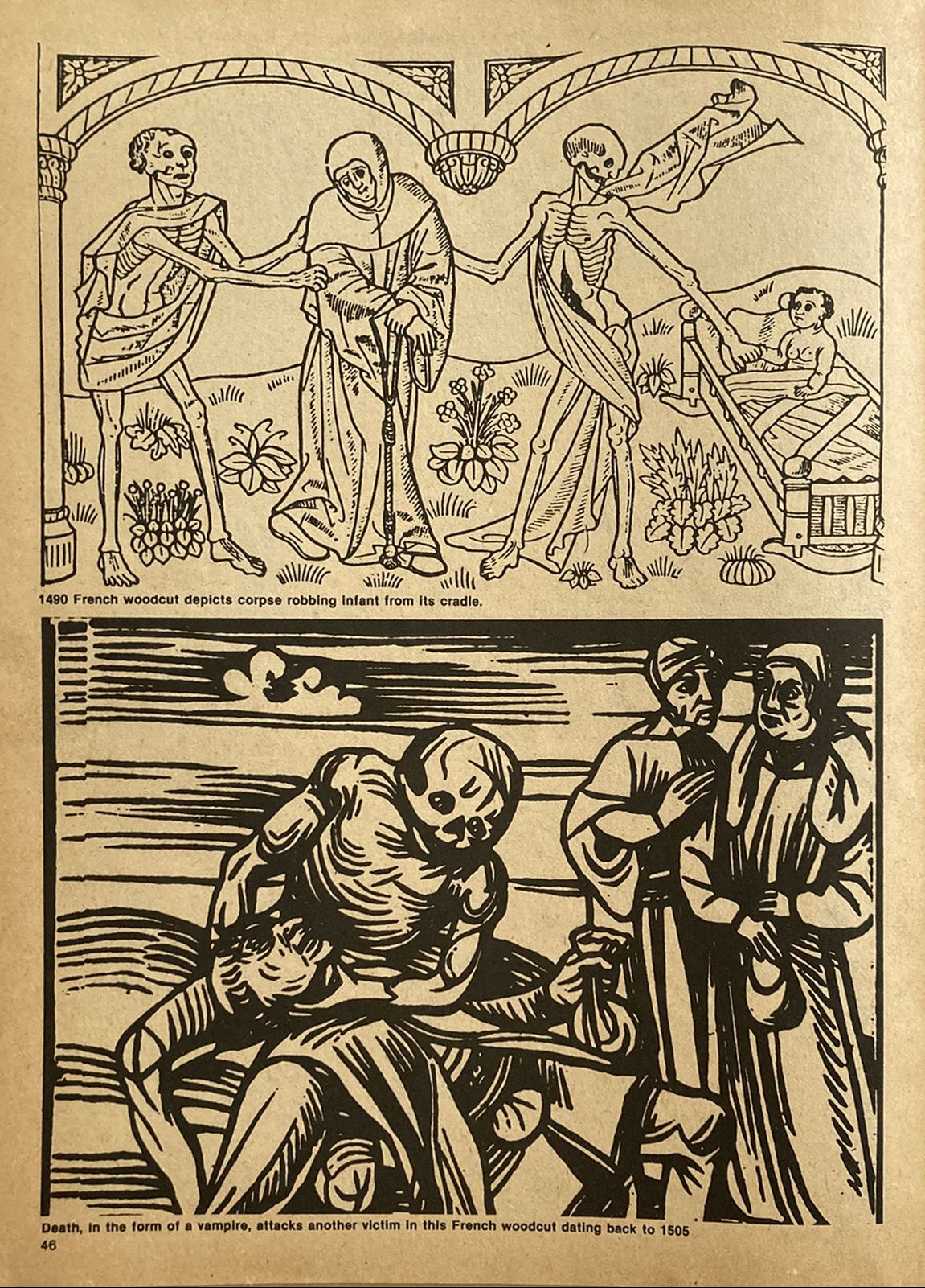 Woodcut print depicting skeletons as death figures interacting with people, with a focus on a vampire-like skeleton attacking a victim.