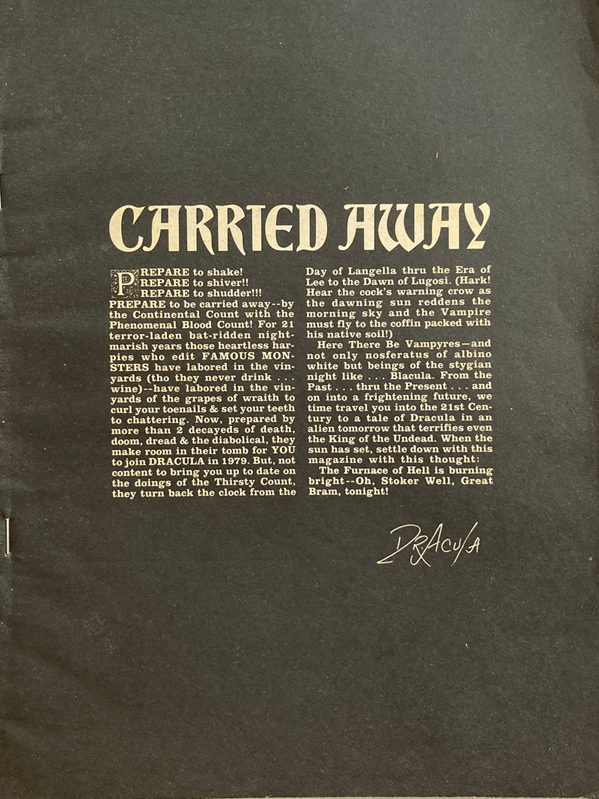 Text on a dark background with 'Carried Away' in large letters.