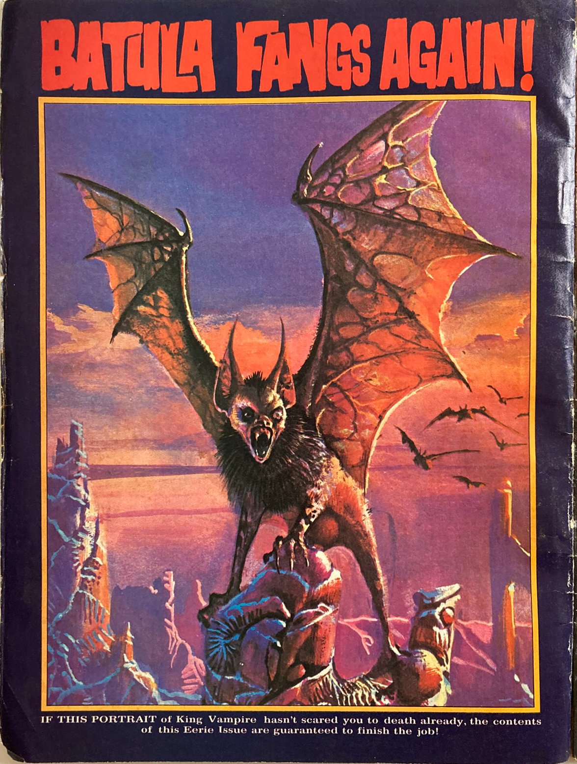 Book cover with a bat-like creature and text 'Batula Fangs Again!' against a colorful background.