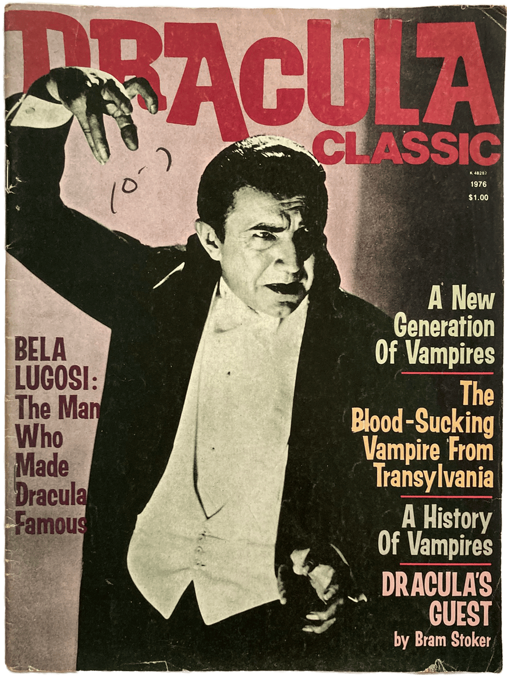 Vintage magazine cover featuring Bela Lugosi as Dracula with text about the character.