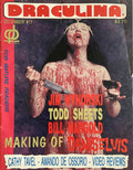 Magazine cover titled 'Draculina' with a bloody woman holding a knife and glass, featuring text about contributors and topics.