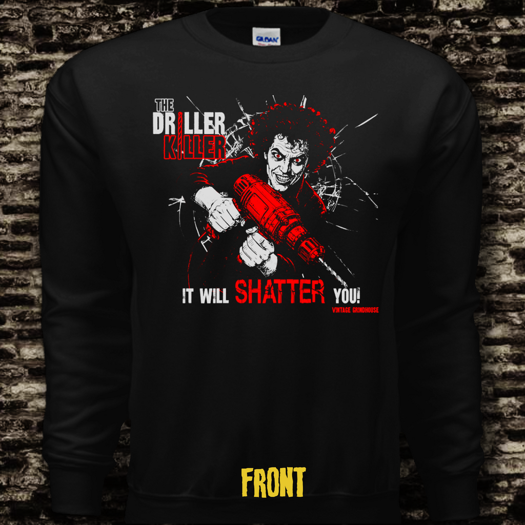 Black long-sleeve shirt with The Driller Killer graphic design and text on a brick wall background