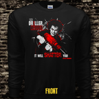 Black long-sleeve shirt with The Driller Killer graphic design and text on a brick wall background