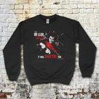 The Driller Killer sweatshirt with intense graphic of man holding red power drill and shattered glass effect on black fabric