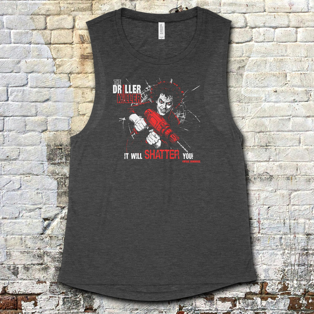 The Driller Killer muscle tank featuring intense horror character graphic with shattered glass effect on dark fabric background