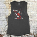 The Driller Killer muscle tank featuring intense horror character graphic with shattered glass effect on dark fabric background