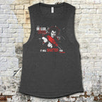 The Driller Killer muscle tank featuring intense horror character graphic with shattered glass effect on dark fabric background