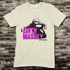 Beige t-shirt featuring a black and pink graphic of Edith Massey with text reading Edith Massey Vintage Grindhouse on front