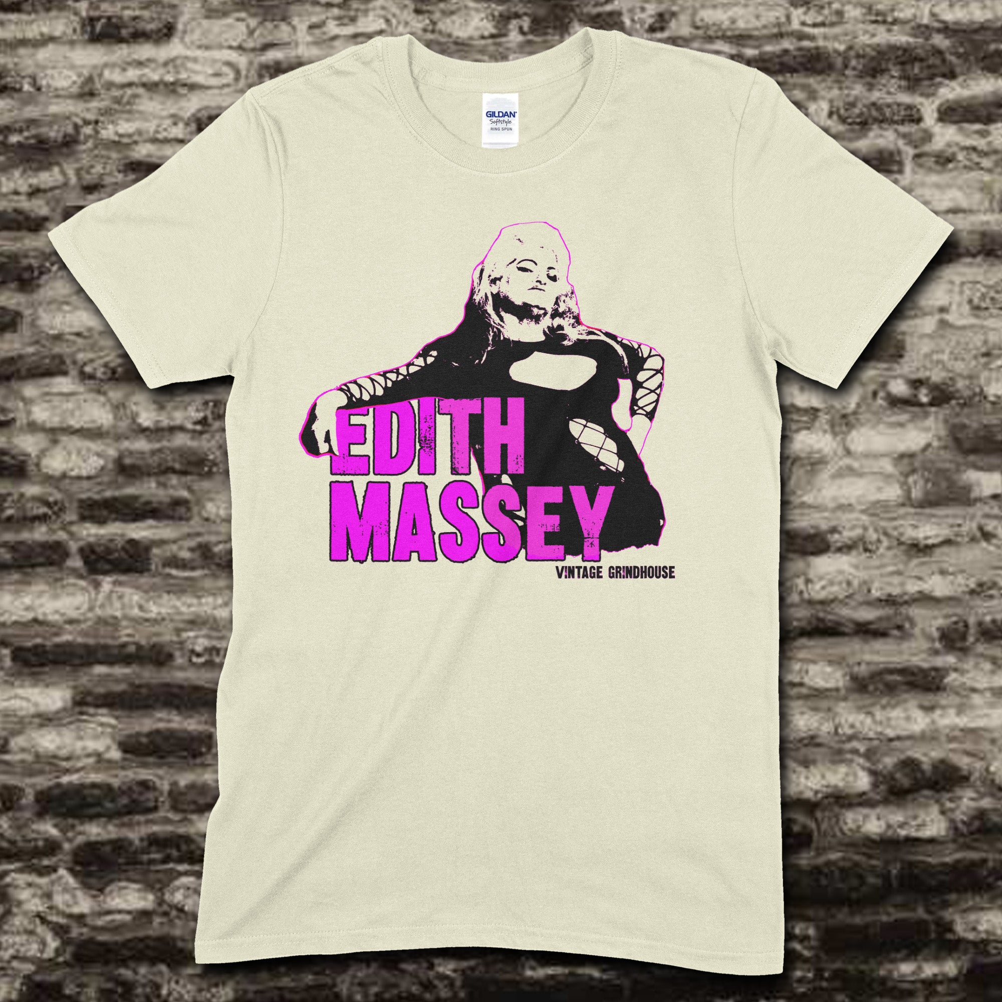 Beige t-shirt featuring a black and pink graphic of Edith Massey with text reading Edith Massey Vintage Grindhouse on front