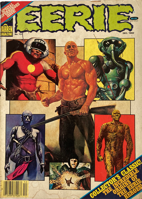 Eerie magazine issue 137 cover featuring muscular and robotic figures with a vintage horror comic style from December 1982