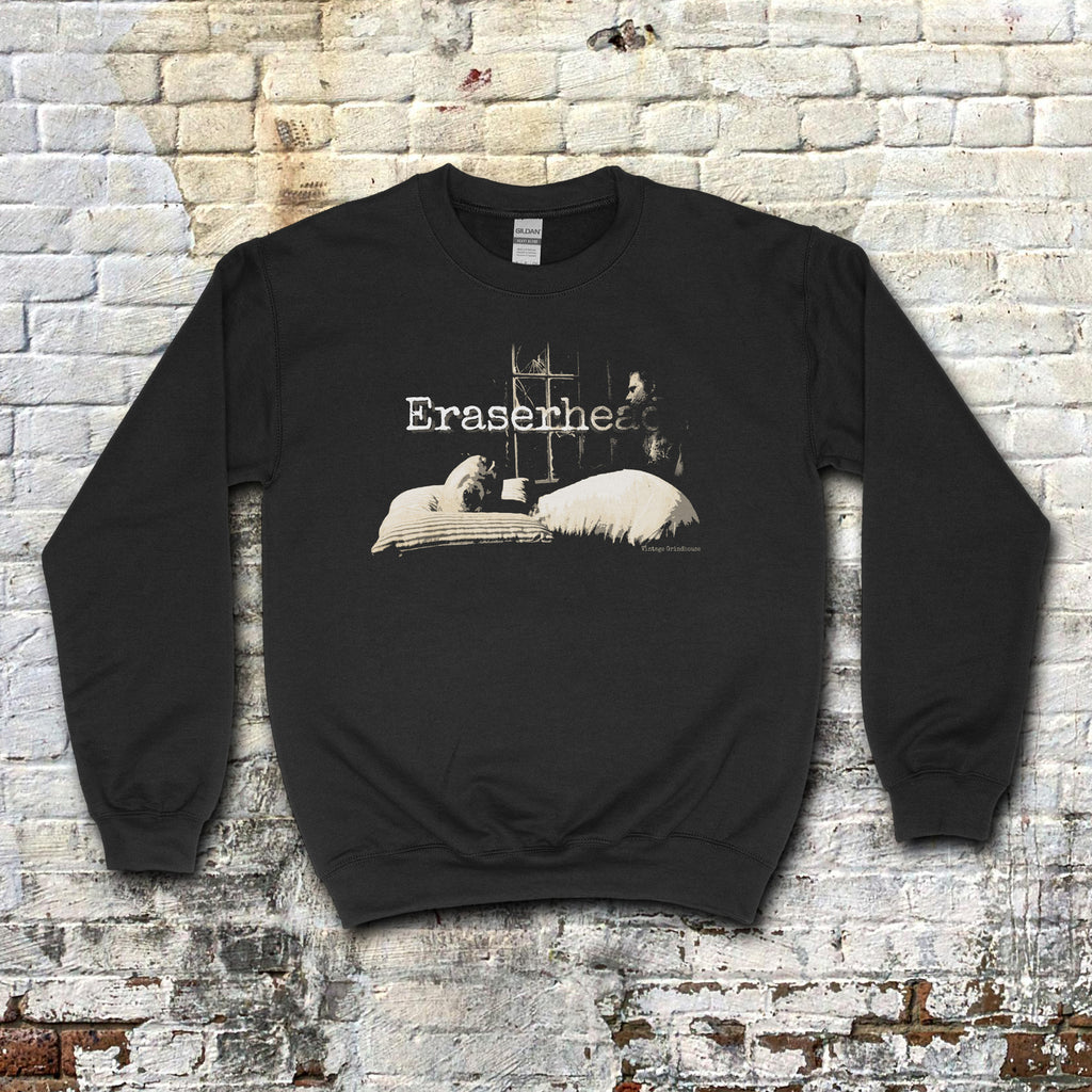 Eraserhead  baby sweatshirt with vintage black and white graphic of iconic film scene on black crewneck fabric