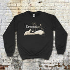 Eraserhead  baby sweatshirt with vintage black and white graphic of iconic film scene on black crewneck fabric