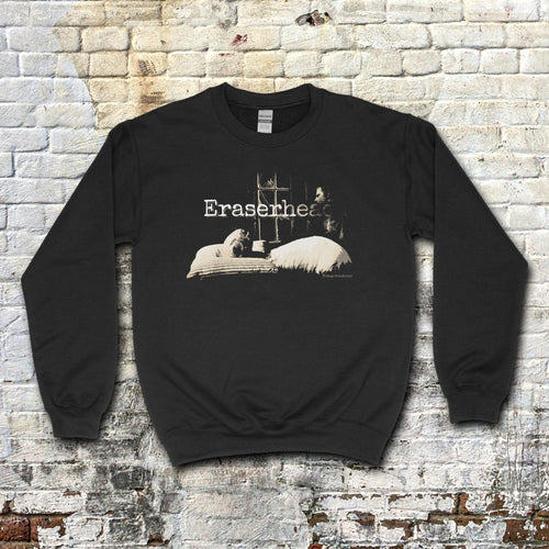 Eraserhead  baby sweatshirt with vintage black and white graphic of iconic film scene on black crewneck fabric
