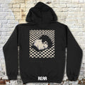Black hoodie showing Eraserhead - front and rear prints! with distorted face graphic over checkerboard pattern on back against brick wall