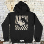 Black hoodie showing Eraserhead - front and rear prints! with distorted face graphic over checkerboard pattern on back against brick wall