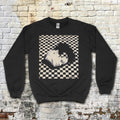 Black Eraserhead sweatshirt featuring surreal black and white checkerboard pattern with distorted head graphic centered on front