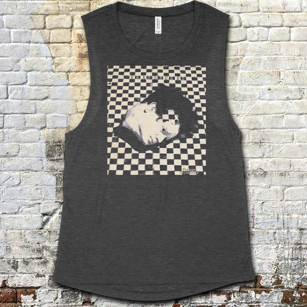 Eraserhead muscle tank with surreal checkerboard background and distorted face graphic on dark fabric