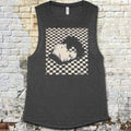 Eraserhead muscle tank with surreal checkerboard background and distorted face graphic on dark fabric