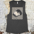 Eraserhead muscle tank with surreal checkerboard background and distorted face graphic on dark fabric