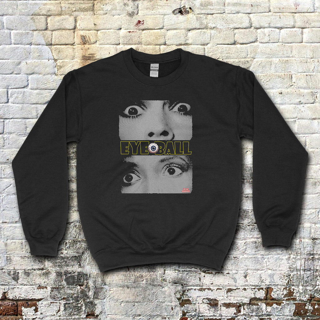 Black Eyeball sweatshirt with large close-up eyes graphic and bold lettering featuring an eyeball in the text center