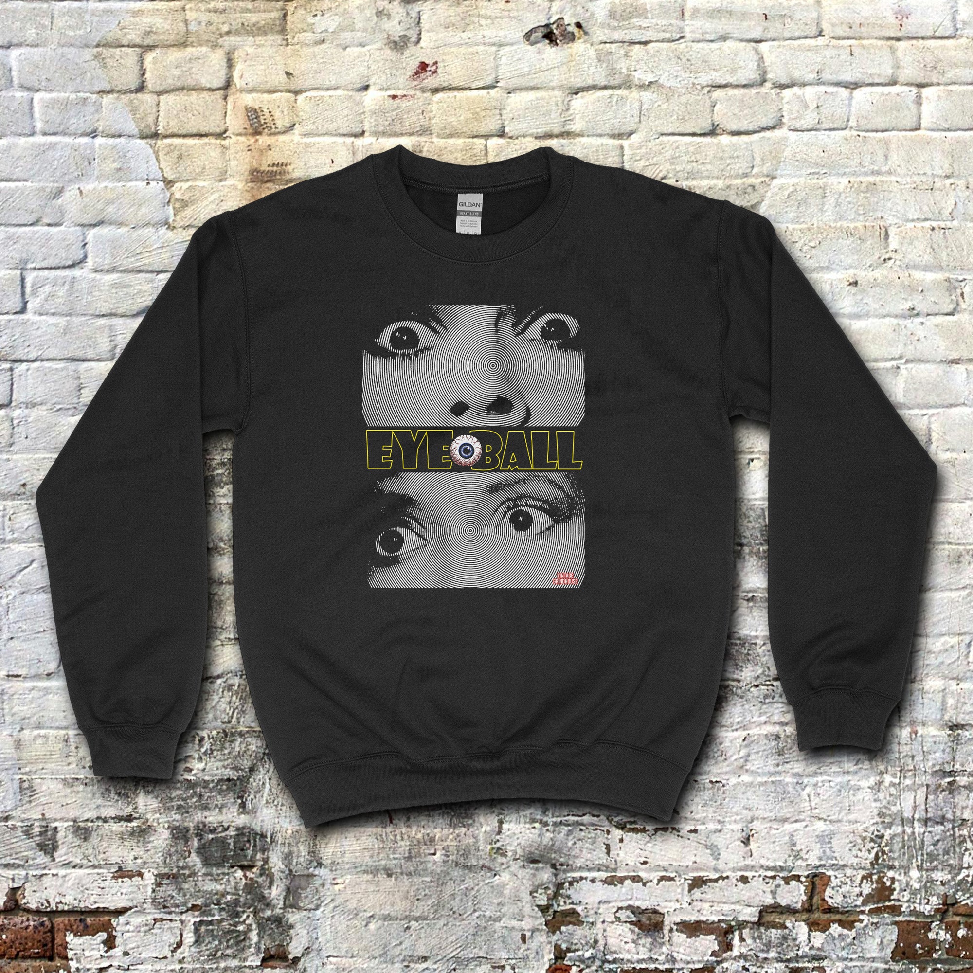 Black Eyeball sweatshirt with large close-up eyes graphic and bold lettering featuring an eyeball in the text center