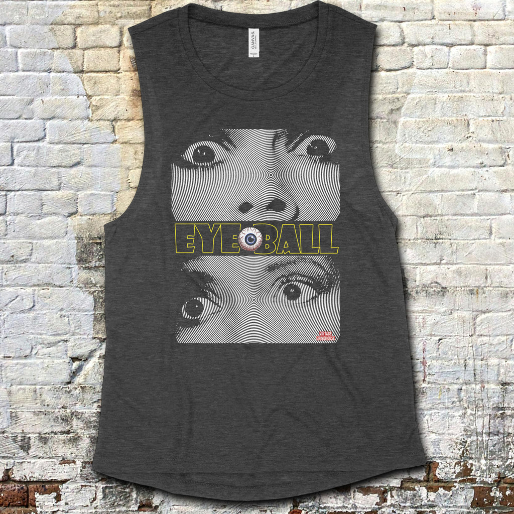 Eyeball muscle tank with hypnotic black-and-white close-up eyes graphic and bold yellow text on dark fabric