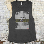 Eyeball muscle tank with hypnotic black-and-white close-up eyes graphic and bold yellow text on dark fabric