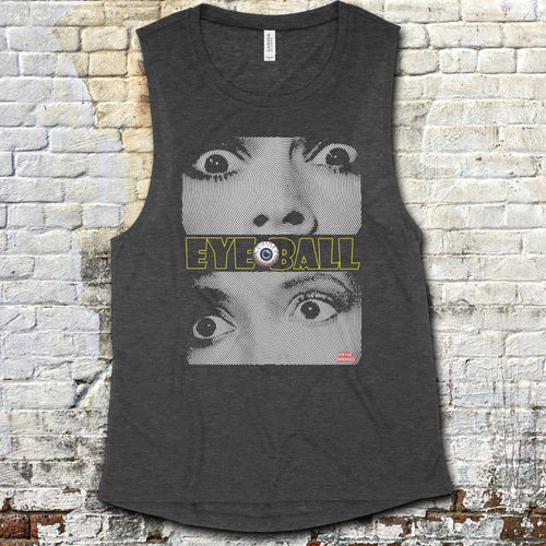 Eyeball muscle tank with hypnotic black-and-white close-up eyes graphic and bold yellow text on dark fabric